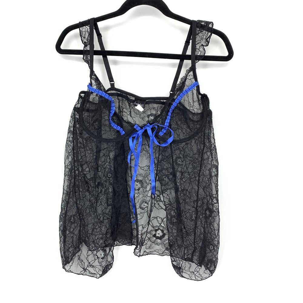 Fredericks Of Hollywood Babydoll Lingerie Top Sz XL Tie Front Black Lace Blue